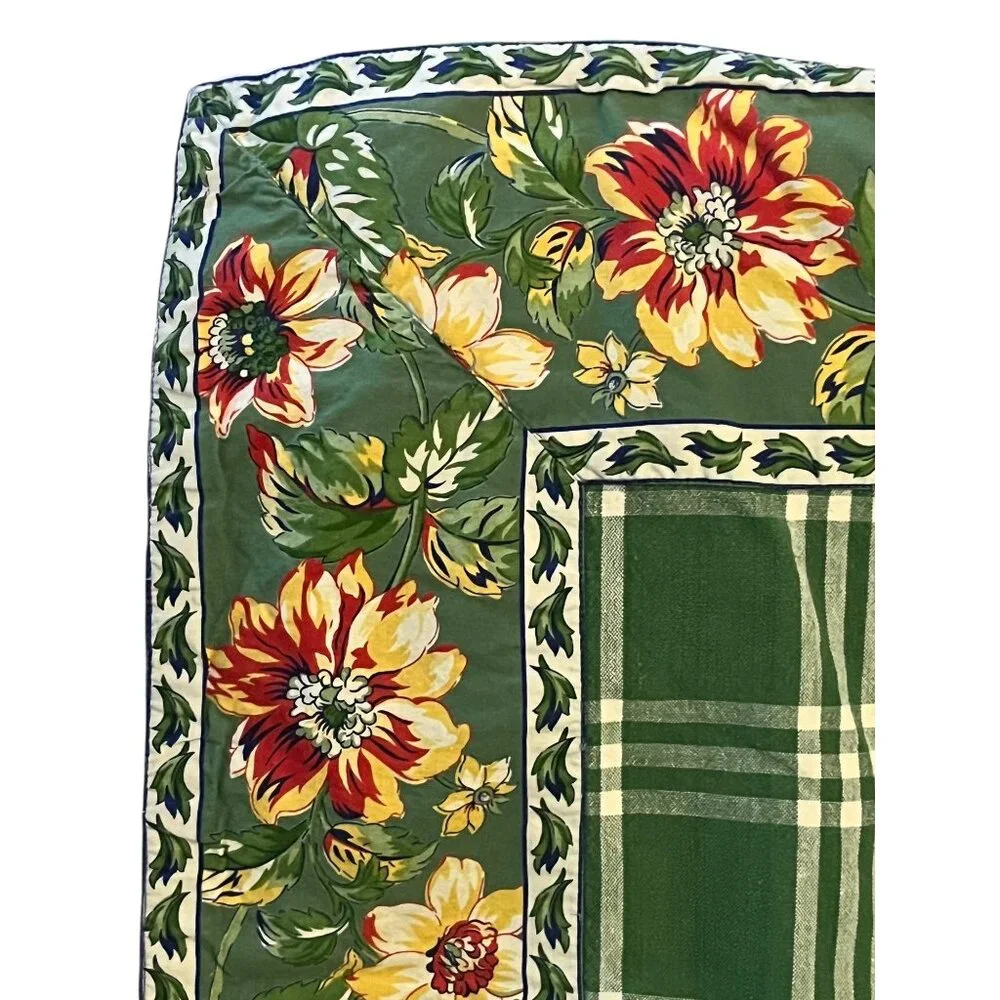 Williams Sonoma Green Plaid Floral Border Tablecloth Provence French Country Cot